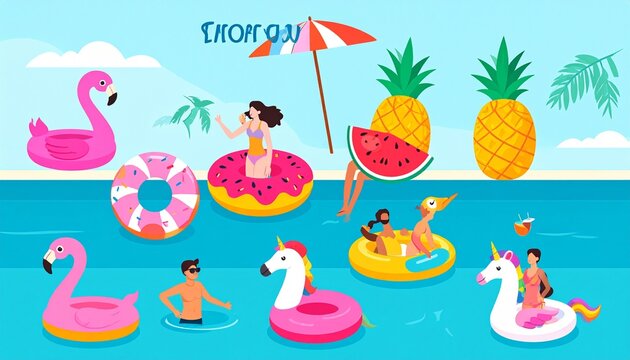 Colorful cartoon characters enjoying a tropical island picnic.