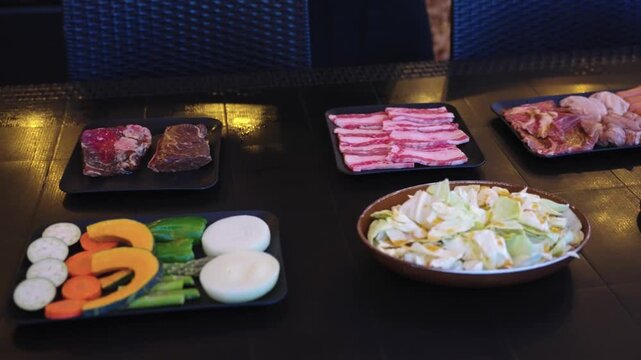 Meat and Vegetables Laid Out For Barbecue, Wagyu, Chicken, Cabbage, Pumpkin