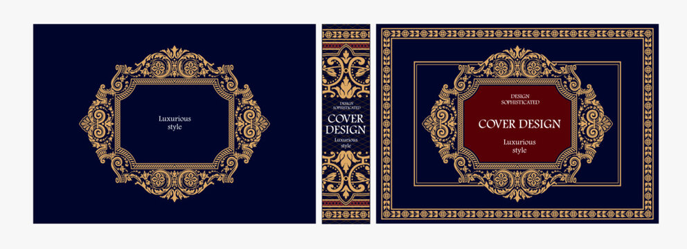 Elegant horizontal vintage book cover design with ornate Art Nouveau frame, geometric decorative ornaments, and luxurious retro style for publications, albums, posters, and premium layouts