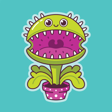 Cute Kawaii Venus Flytrap Carnivorous Plant Cartoon Illustration in a Polka Dot Pot on Blue Background