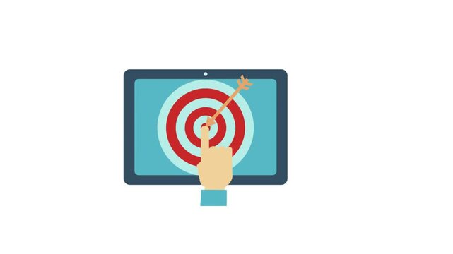 Flat vector digital marketing animation with hand touching tablet screen bullseye target and arrow hitting center