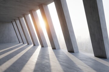 Obraz premium The Concrete Corridor at Dawn: Long Shadows, Columns, and Skyline Light
