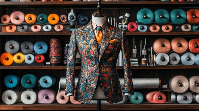 A finely tailored patterned suit on a mannequin, set in a tailor shop, surrounded by spools