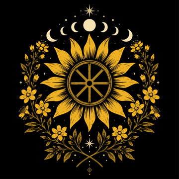 Mittsommer Sonnenblume mit Jahresrad und Mondphasen als Litha Vektor Illustration
