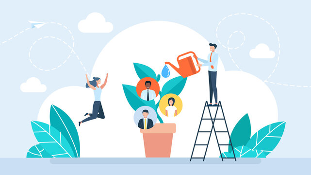 Business manager watering money plant with office employee avatars. HR department cultivating team talents, career growth or corporate mentoring concept. Flat illustration