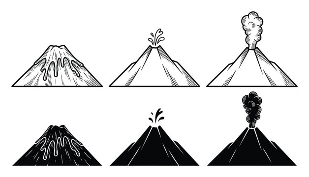 火山の噴火と溶岩流の様子を描いたモノクロのベクターイラストセット