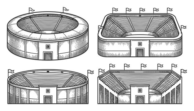 ヴィンテージ風のスタイルで描かれた様々なスポーツスタジアムのイラストセット
