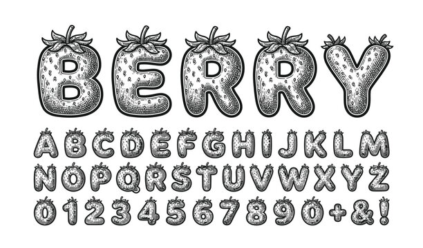 イチゴの形をしたアルファベットと数字の可愛い手書き風フォントセット