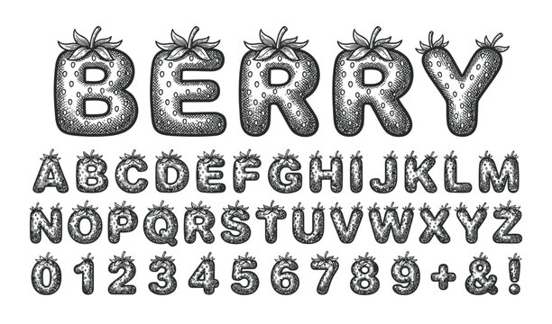 イチゴの形をしたアルファベットと数字のユニークなフォントデザイン