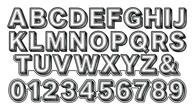 ビンテージスタイルの立体的なアルファベットと数字のセットデザイン
