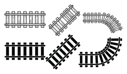線路のイラストセット：直線、斜め、カーブの鉄道レールデザイン © Sultana