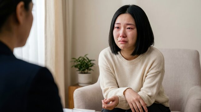 Crying young East Asian woman with reddened eyes reaches forward while meeting her counselor, portraying raw grief, emotional openness, and a difficult breakthrough inside a neutral therapy office