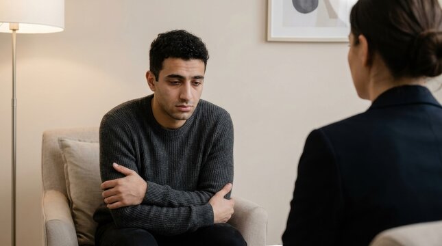 Guarded young man with dark curly hair wraps both arms around himself while facing a therapist, communicating loneliness, emotional fatigue, and quiet need for support inside a calm consultation room