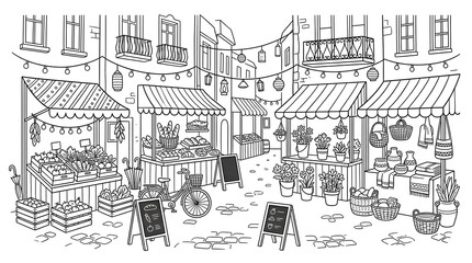 Obraz premium Outline vector drawing of an outdoor farmers market in a cozy old town street