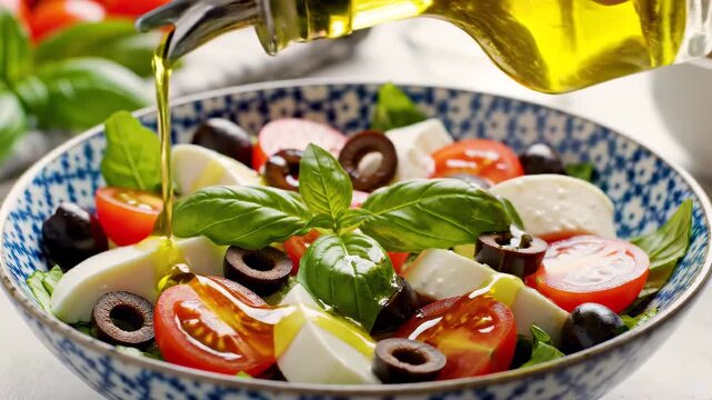 Pouring olive oil over a fresh Caprese salad with tomatoes, mozzarella, basil, and olives in a decorative bowl.