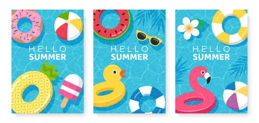 Fototapeta premium Hello Summer pool party posters with inflatable rings, beach ball, flamingo, duck, donut, watermelon floaties and ice cream on blue water ripple background. Vector illustration.