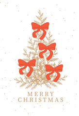 Fototapeta premium Merry Christmas greeting card with abstract Christmas tree made of gold branches and decorated with red bows. Minimalist winter holiday vector illustration on white background.