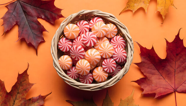 Top view of a small wicker basket filled with orange and red striped peppermint candies surrounded by autumn maple leaves on an orange background