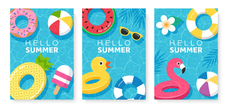 Hello Summer pool party posters with inflatable rings, beach ball, flamingo, duck, donut, watermelon floaties and ice cream on blue water ripple background. Vector illustration.