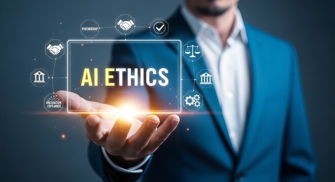 Professional Holding AI Ethics Digital Interface in a Corporate Business Setting