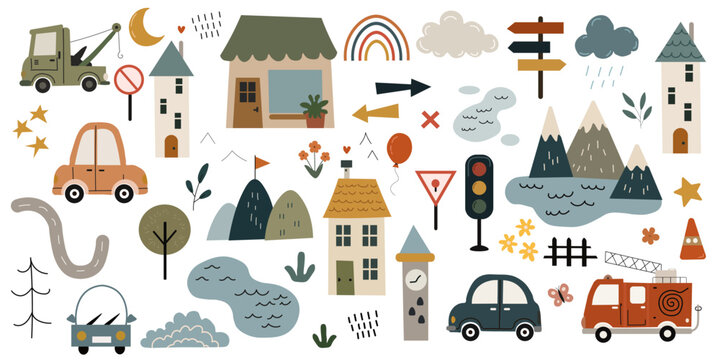 Town landscape icon set, small house graphics, toy city background, mountain lake clipart bundle for educational school poster, map creation and sticker layout