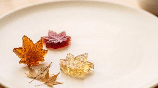 Autumn maple leaf-shaped Kohakutou candy on a white plate with dry leaves 白いお皿に盛られた紅葉の琥珀糖と枯れ葉の落ち葉