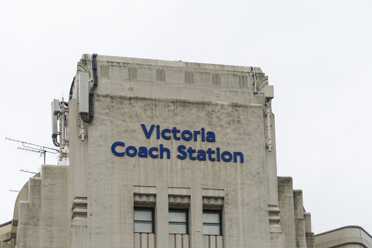 Victoria Coach Station building facade with iconic blue signage