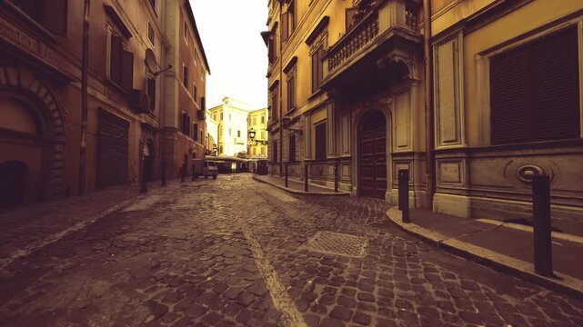 sunlit cobblestone plaza with geometric crosswalk leading to bright horizon, railings framing composition, ideal setting for courier route or editorial travel