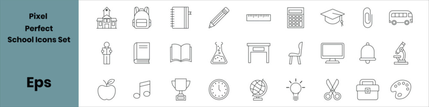 Minimal black and white school education icon set vector template featuring clean outline symbols modern monoline geometric editable stroke design