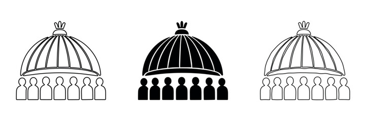 Collection of simplified icons representing a dome structure and people in outline, solid, and hand-drawn styles © Ophelia