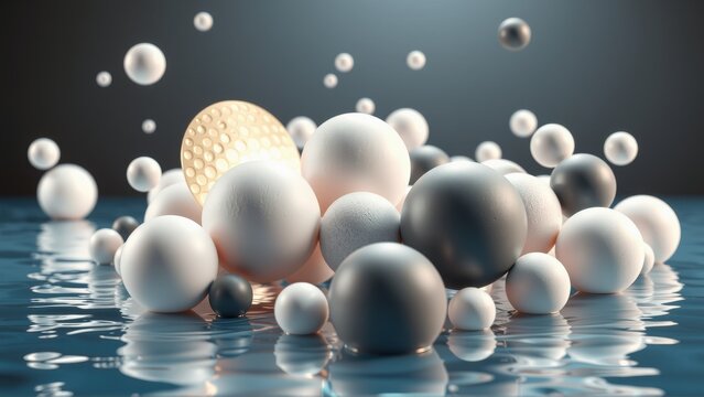 Spheres float, reflect light. Gold orb rises above white, gray bubbles. Water ripples create soft glow. Minimalist composition.