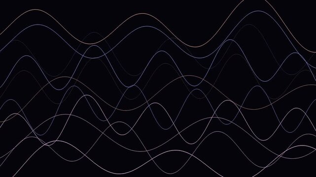 Abstract wavy lines background animation with smooth colorful digital frequency waves moving across a dark screen, perfect for technology and data visualization projects.