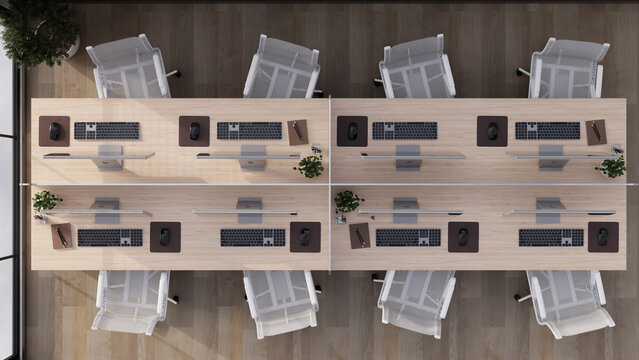 Top view modern office workspace with desktop computers and office desks