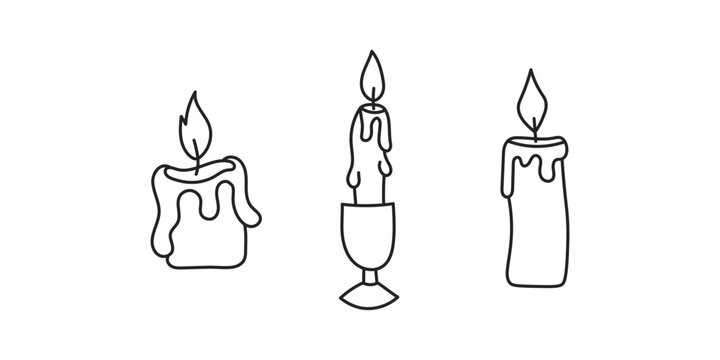 Melted Wax Candles Doodle Set. Collection of hand drawn lighting elements with curvy shapes, dripping drops, decorative holder, burning flame. Cozy home decor, spa branding, romantic restaurant menus.