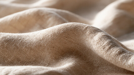 Fototapeta premium Natural unbleached linen fabric stretched over a frame catches warm noon window light, revealing subtle warp-and-weft grain perfect for organic textile brands, slow-fashion