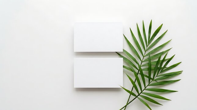 Tropical greenery and blank white cards on clean background