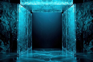 Fototapeta premium Abstract blue structure. Glowing ice walls create portal effect. Dark background emphasizes cool tones, depth. Minimalist design.