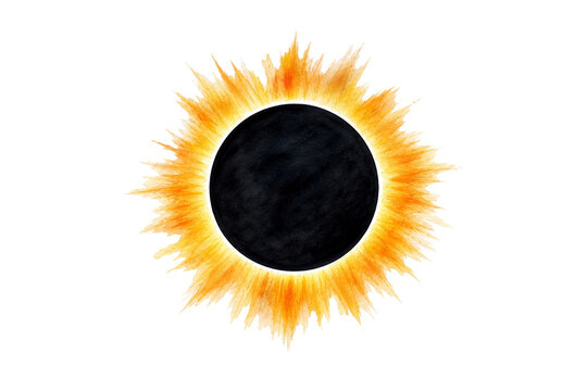 Watercolor total solar eclipse illustration, Total solar eclipse with dark disk and glowing corona clipart on white background, hand-painted celestial astronomy element for print and eclipse event...