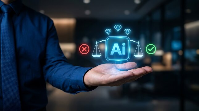 Businessman presenting artificial intelligence concept with balance scales