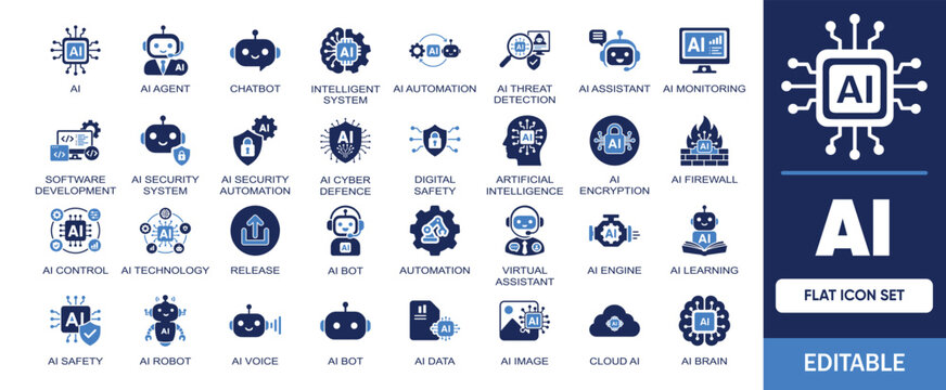 AI editable solid icon set. Includes symbols by ai agent  , chatbot, automation, ai assistant, learning, technology and more. Artificial intelligence and Virtual assistant vector icons collection.