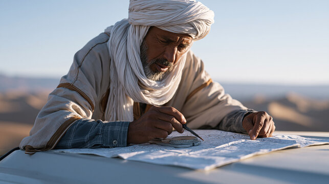 Berber desert guide marks emergency water cache coordinates on a topographic paper map at midday, using a traditional compass on a vehicle hood, combining desert survival