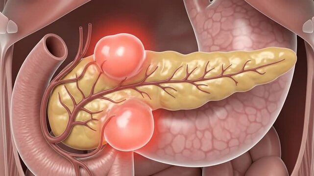 Human pancreas affected by severe pancreatitis, showing inflammation and abnormal growths, a major medical issue, digestive health concern, scientific research concept