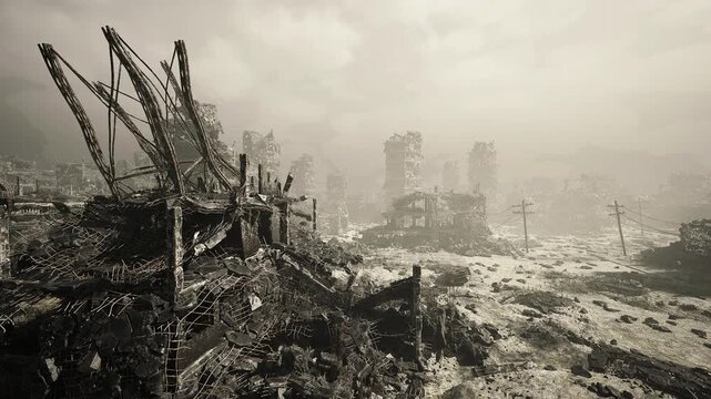 Charred vehicle wreckage foreground in wasteland, scorched metal and twisted chassis sit among rubble and ash shattered glass, dented panels, sootstreaked