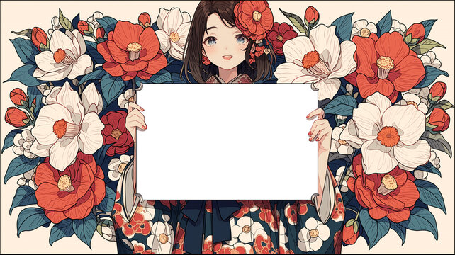 着物姿の女の子が空欄ボードを掲げる和風アニメイラスト、花飾り、椿、和柄、水玉、メッセージカード、年賀状、挨拶状、招待状、案内、告知、広告、販促、店舗POP、チラシ、ポスター、SNS投稿、バナー、サムネイル、テンプレート、フレーム、文字入れ、空欄、かわいい、上品、ポップ、正月、成人式、祝い、イベント、和装、振袖、背景素材、装飾素材、カード素材、商用利用、見出し、案内文、素材集、季節素材、和風デザイン