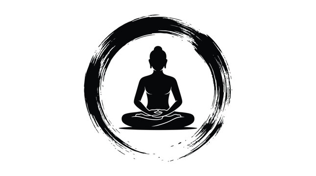 Black silhouette of a meditating buddha figure sitting inside a circular hand painted zen brush stroke