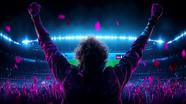 A person in a stadium, arms raised in victory, surrounded by vibrant lights and confetti.  Crowd cheering in the background