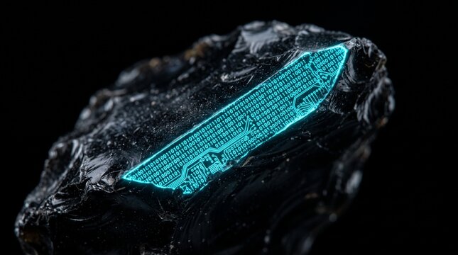 Premium Tech Detail: Glowing Cyan Binary Circuit Etched on Raw Obsidian