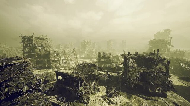 sunbreak over ravaged urban terrace with wreckage and scattered salvage, recovery crews imagined scanning debris and rigging cranes, concrete piles and twisted