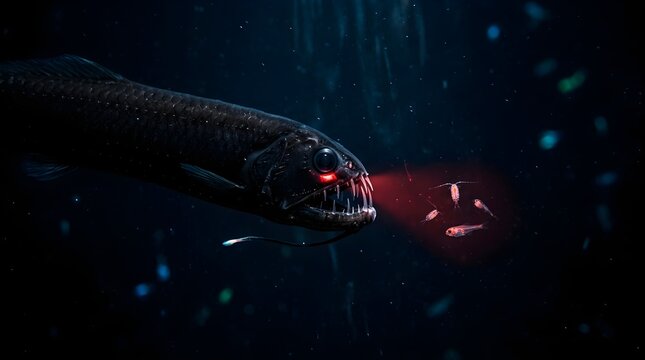 Deep sea dragonfish hunting small prey in the dark ocean with red bioluminescent light