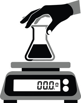 Hand placing a glass flask on a digital laboratory scale